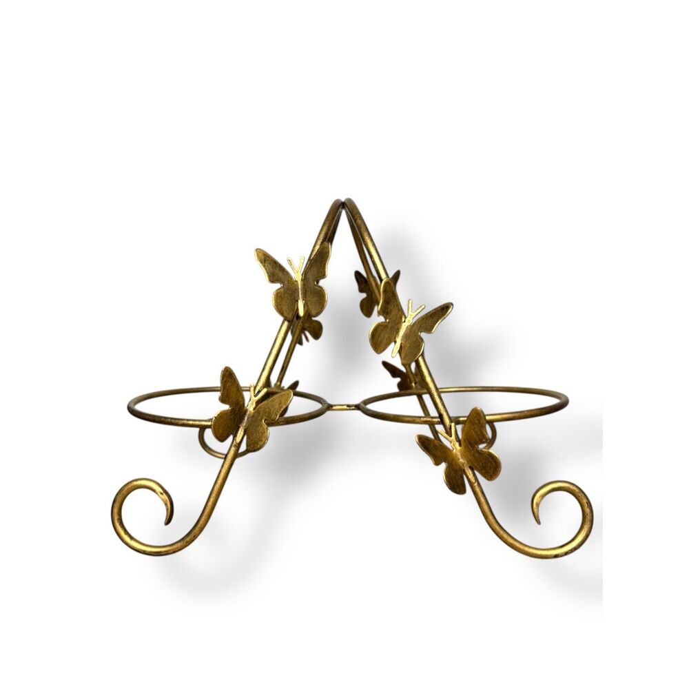 Vintage Gold Toned Metal Candle‎ Holder Plant Stand Butterfly Accents Home Decor